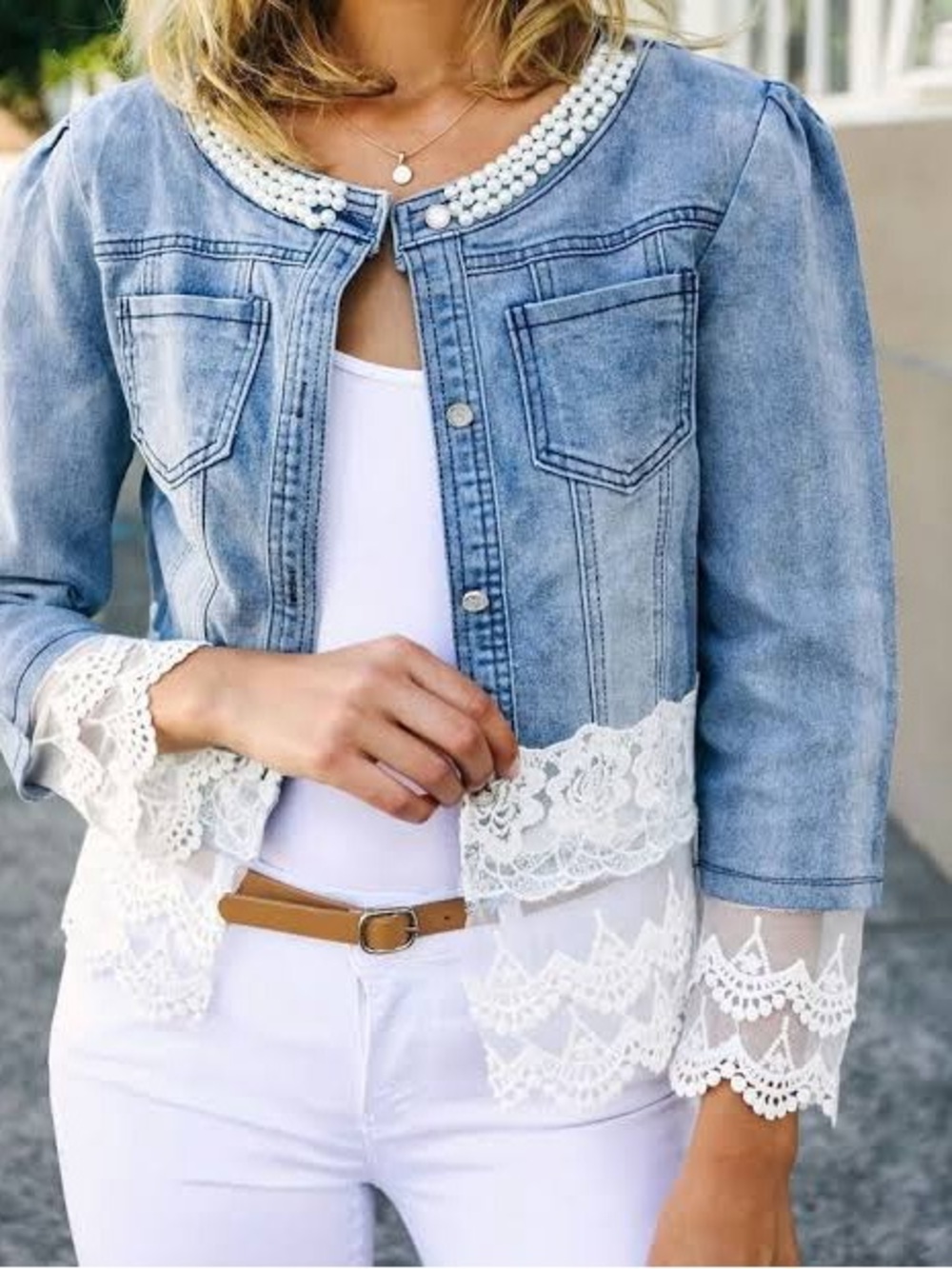 Light Blue Denim Lace-Trim Jean Jacket with Pearl Collar, XL